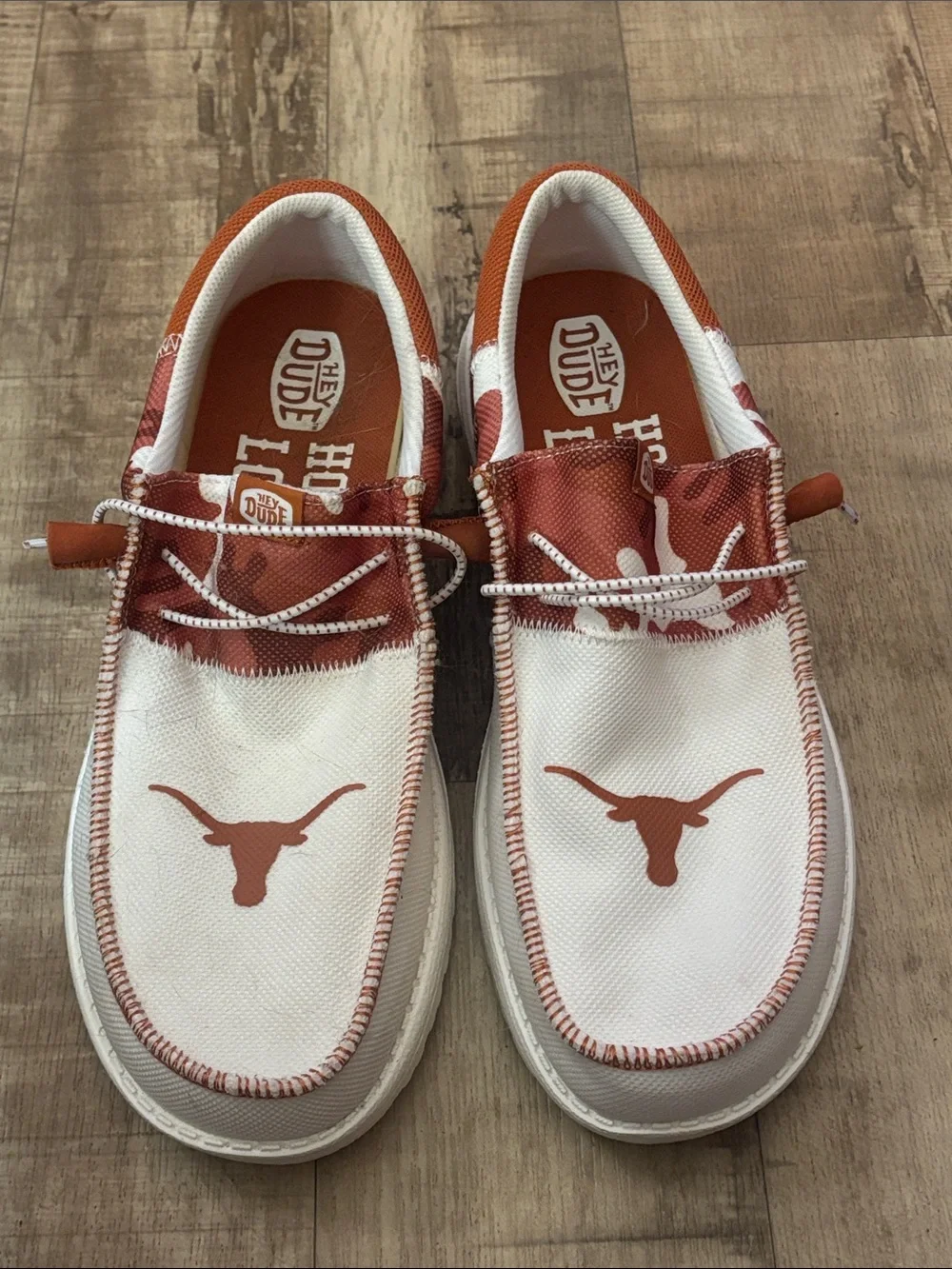 Hey Dude Men’s White & Burnt Orange Canvas Slip-On Boat Shoes Texas Longhorn.